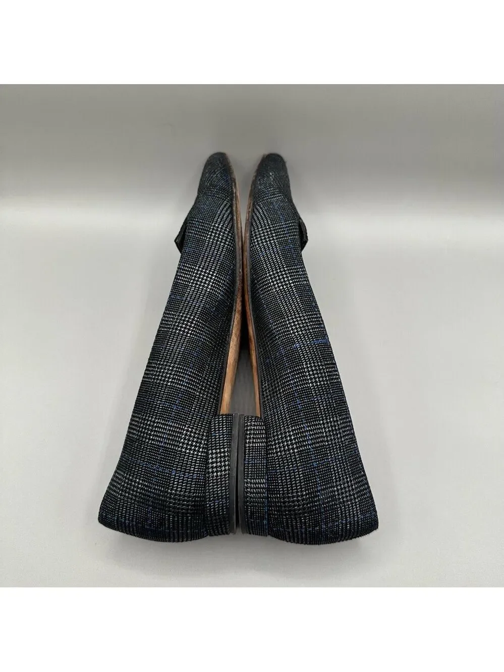 Stuart Weitzman Women Size 7.5 Rialto Plaid Shimmer Flats Gray Black Metallic